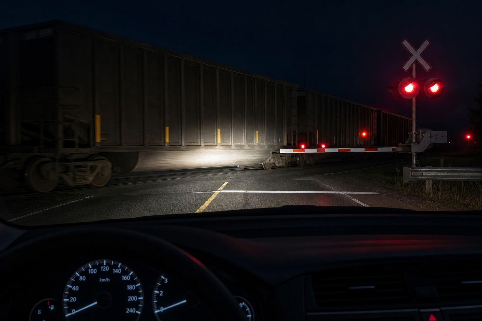 In the image, a train is already crossing at night. Why can this situation be especially dangerous?