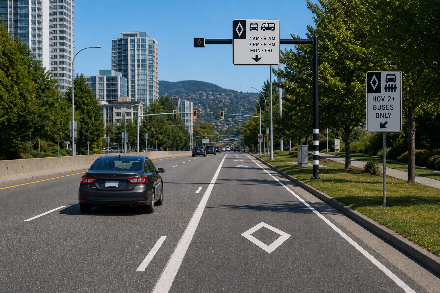 In the image, the lane has a white diamond marking and a sign showing it is reserved for certain vehicles. What should you do before using that lane?