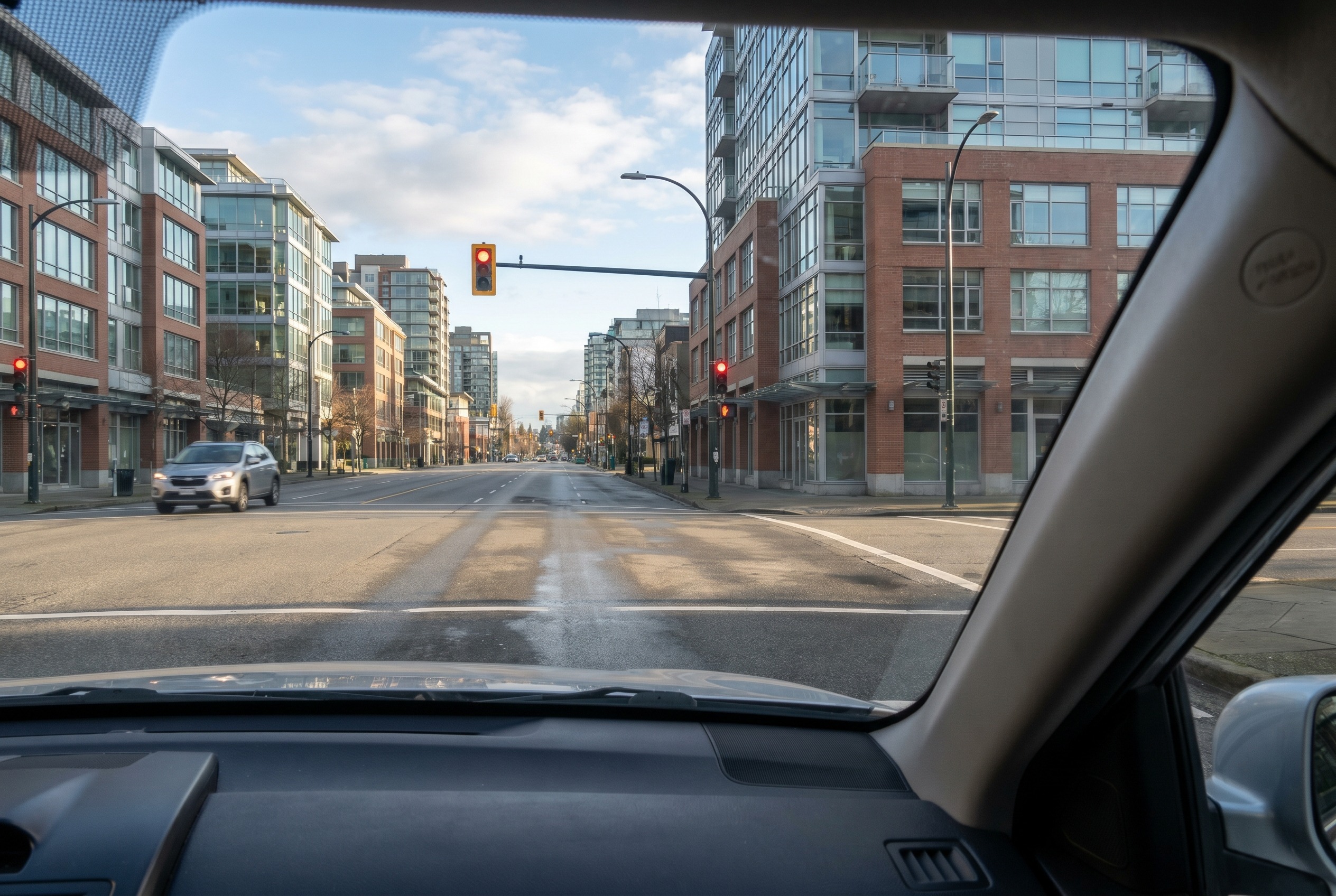 You are turning right on red and see a vehicle approaching quickly from your left but far away. What should you do?