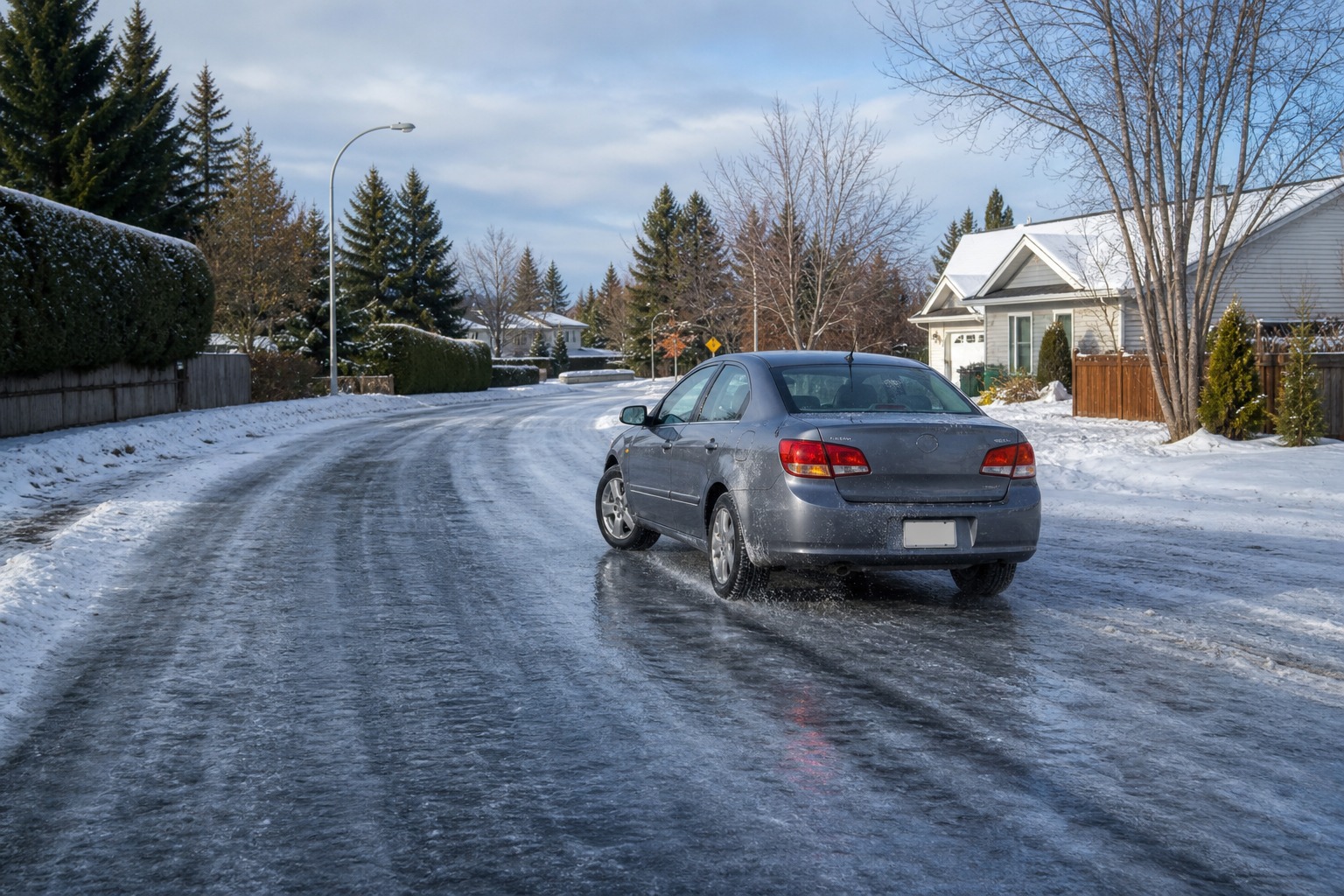 In the image, the rear of the vehicle has started to skid on ice. What is the best first response?